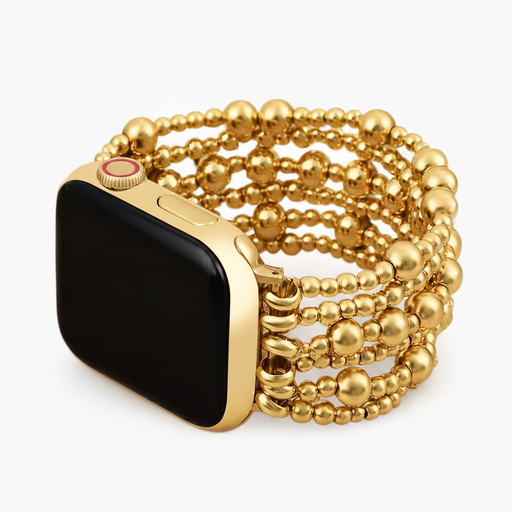 Gold beaded Apple Watch band - white background